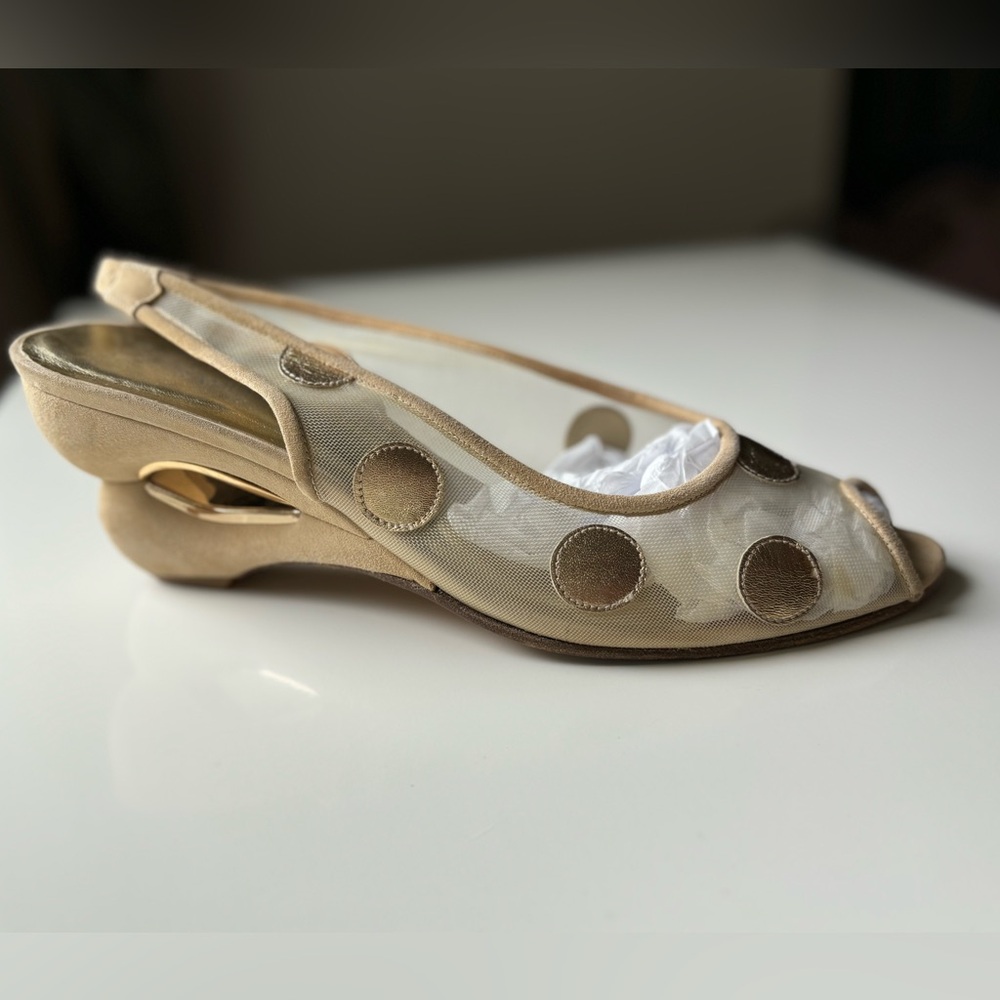 RAMON TENZA Gold Polka Dot Mesh Unique Heel Size 8.5 Y2K